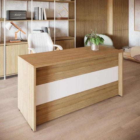 Balcão de Atendimento Recepção 120 cm Reto Baixo F5 Office Cor:Macadâmia com Branco