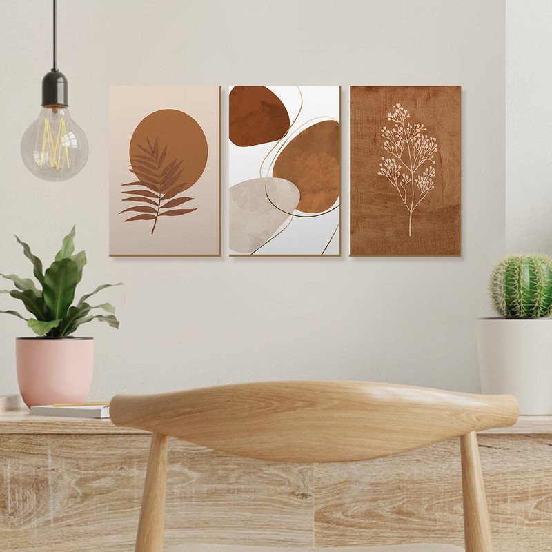 Trio de Quadros Bege Formas Boho Abstrato Ramos - 2