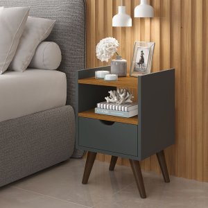Mesa de Cabeceira para Quarto com Nicho Decorativo:cinza/freijo