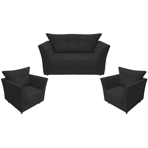 Kit Namoradeira + 2 Poltronas Decorativa Isis Suede Preto Pés Madeira Mz Decor