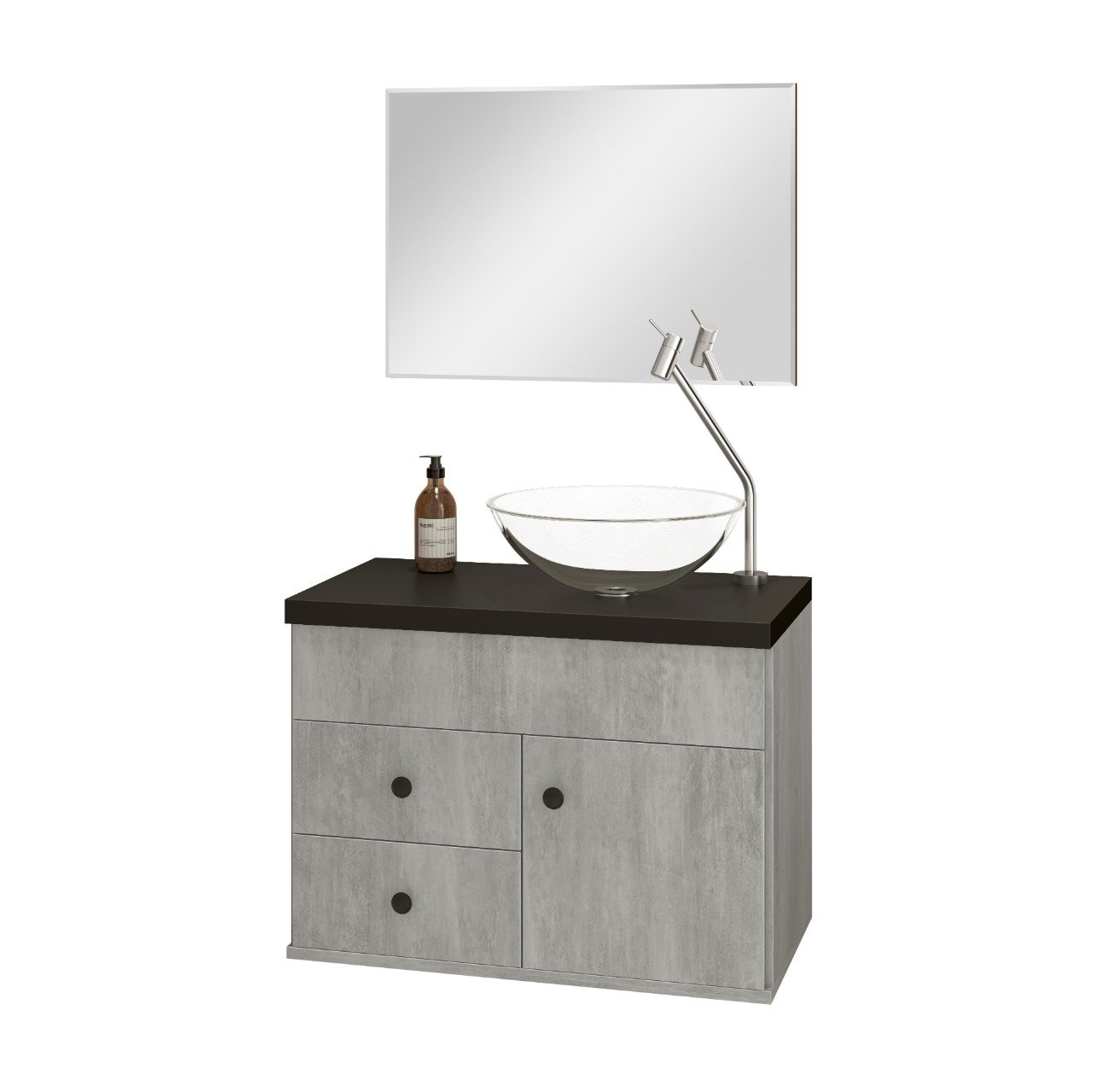 Kit Luna 60 Para Banheiro com espelho e cuba suspenso MDF:Cimenticio/Preto - 1