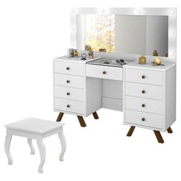 Penteadeira Camarim 8 Gavetas e Porta Joias Com Banqueta Mila Branco - Móveis Lupi - 1