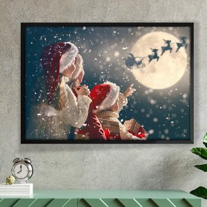 Quadro Decorativo Natal Papai Noel e Renas Voando-34x49Cm