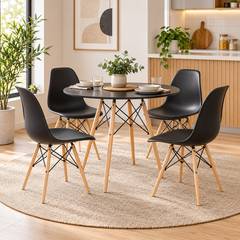 Conjunto Sala de Jantar Mesa Redonda 80cm 4 Cadeiras Eiffel Dsw Tampo MDF Eames Preto