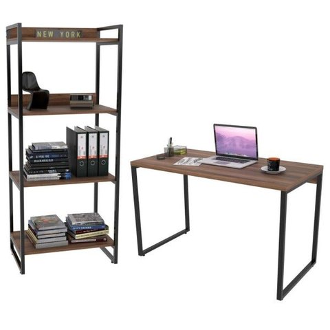 Conjunto Escritório Estilo Industrial Mesa 135cm e Estante 60cm 4 Prateleiras Prisma C08 Nogal -