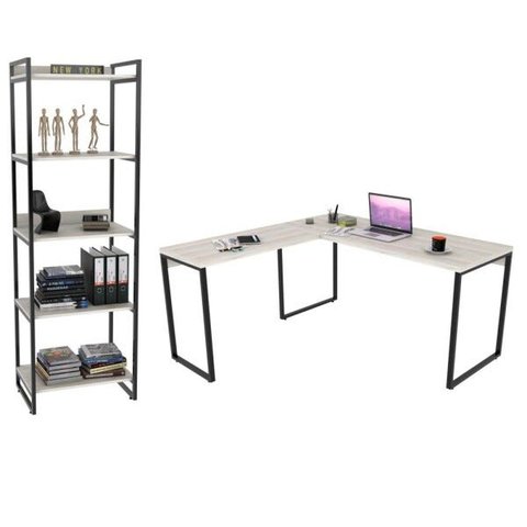 Conjunto Escritório Estilo Industrial Mesa 150x150cm e Estante 60cm 5 Prateleiras Prisma C08 Snow