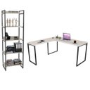 Ver imagem 1 de Conjunto Escritório Estilo Industrial Mesa 150x150cm e Estante 60cm 5 Prateleiras Prisma C08 Snow
