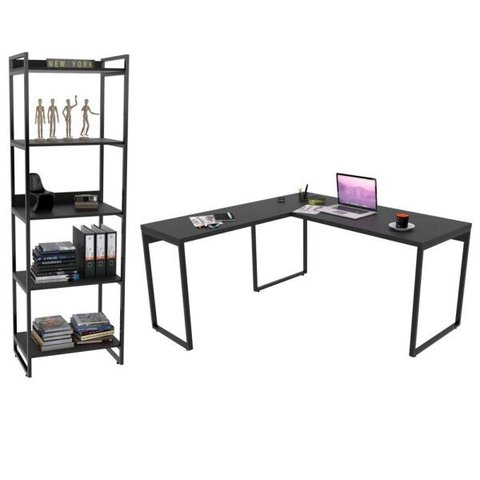 Conjunto Escritório Estilo Industrial Mesa 150x150cm e Estante 60cm 5 Prateleiras Prisma C08 Preto