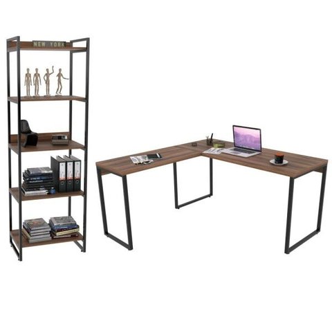 Conjunto Escritório Estilo Industrial Mesa 150x150cm e Estante 60cm 5 Prateleiras Prisma C08 Nogal