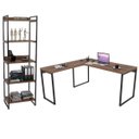 Ver imagem 1 de Conjunto Escritório Estilo Industrial Mesa 150x150cm e Estante 60cm 5 Prateleiras Prisma C08 Nogal