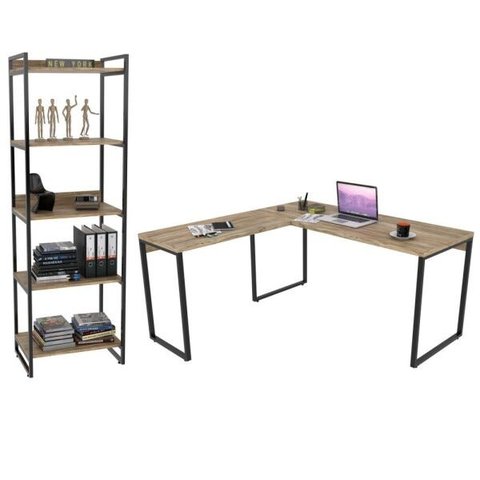 Conjunto Escritório Estilo Industrial Mesa 150x150cm e Estante 60cm 5 Prateleiras Prisma C08