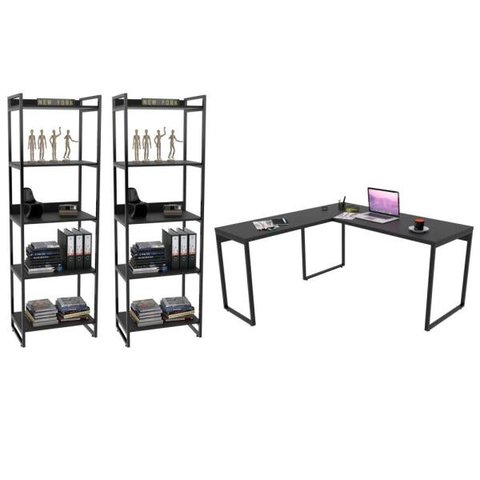 Conjunto Escritório Estilo Industrial Mesa 150x150cm e 2 Estantes 60cm 5 Prateleiras Prisma C08