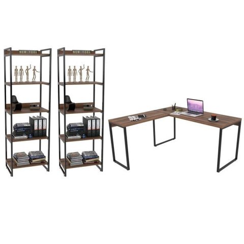 Conjunto Escritório Estilo Industrial Mesa 150x150cm e 2 Estantes 60cm 5 Prateleiras Prisma C08
