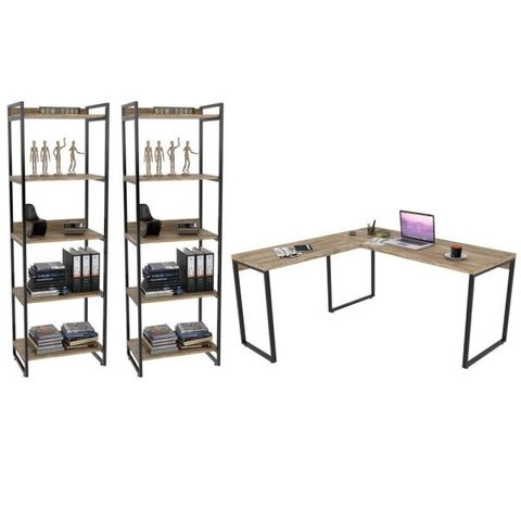 Conjunto Escritório Estilo Industrial Mesa 150x150cm e 2 Estantes 60cm 5 Prateleiras Prisma C08