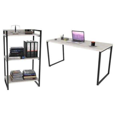 Conjunto Escritório Estilo Industrial Mesa 150cm e Estante 60cm 3 Prateleiras Prisma C08 Snow