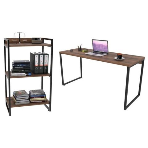Conjunto Escritório Estilo Industrial Mesa 150cm e Estante 60cm 3 Prateleiras Prisma C08 Nogal