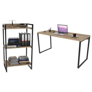 Conjunto Escritório Estilo Industrial Mesa 150cm e Estante 60cm 3 Prateleiras Prisma C08 Carvalho