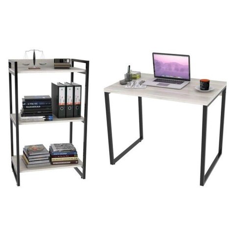 Conjunto Escritório Estilo Industrial Mesa 90cm e Estante 60cm 3 Prateleiras Prisma C08 Snow