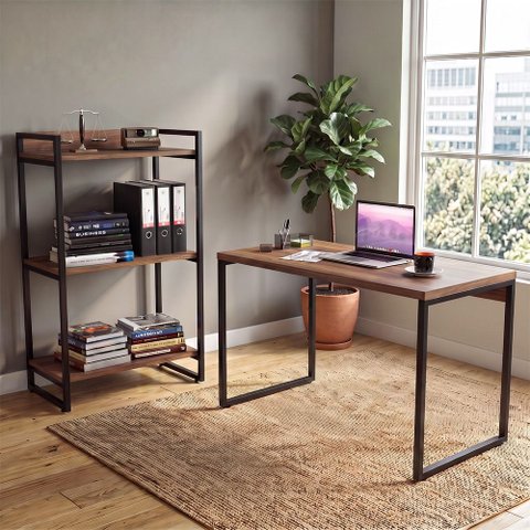 Conjunto Escritório Estilo Industrial Mesa 120cm e Estante 60cm 3 Prateleiras Prisma C08 Nogal -