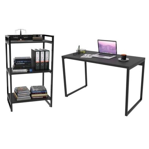 Conjunto Escritório Estilo Industrial Mesa 135cm e Estante 60cm 3 Prateleiras Prisma C08 Preto
