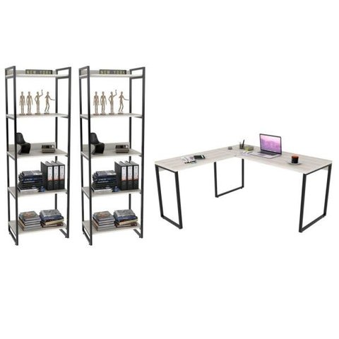 Conjunto Escritório Estilo Industrial Mesa 150x150cm e 2 Estantes 60cm 5 Prateleiras Prisma C08