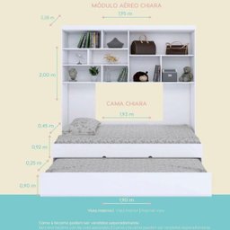 Quarto Infantil Chiara Guarda-Roupa Aéreo 2 Portas e Cama com Auxiliar Branco - Phoenix - 3