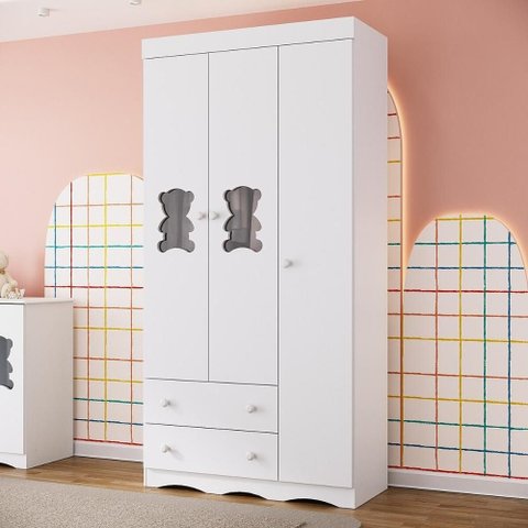 Guarda-roupa Infantil 92cm com Vidro 3 Portas e 2 Gavetas Doçura Multimóveis Mp4492 Branco