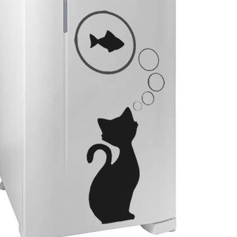 Adesivo Gato Peixe Cozinha Geladeira Decoração:preto