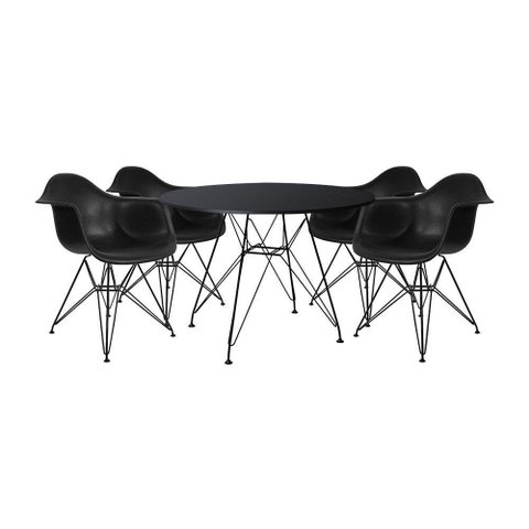 Mesa Sala De Jantar Redonda 90Cm Preta Com 4 Poltronas Pretas Ferro Preto Cor: Preto