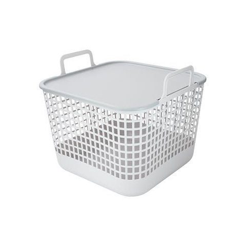 Cesto Plástico com Tampa - Grande - Cinza - Oikos