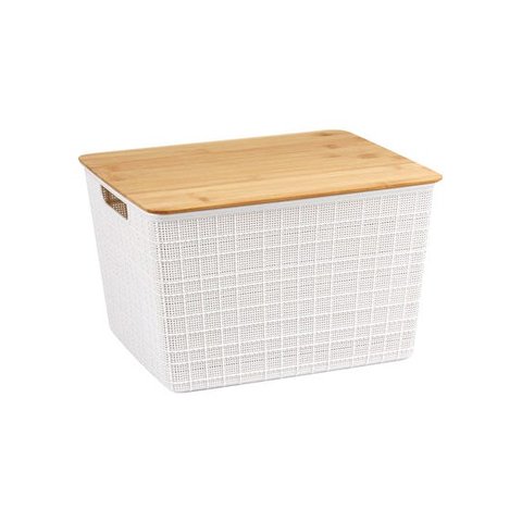 Caixa Organizadora com Tampa de Bambu - 18L - Branco - Oikos