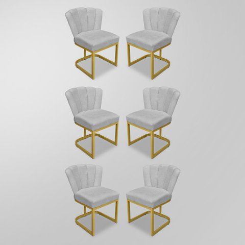 Kit 06 Cadeira Flor Industrial Linho - Base Ferro Dourado - Cinza