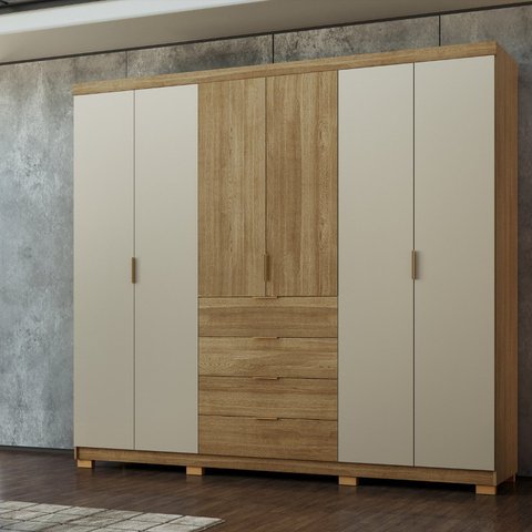 Guarda-Roupa Casal 100% MDF 6 Portas 4 Gavetas Dubai Ouro Nature Fendi Marrom