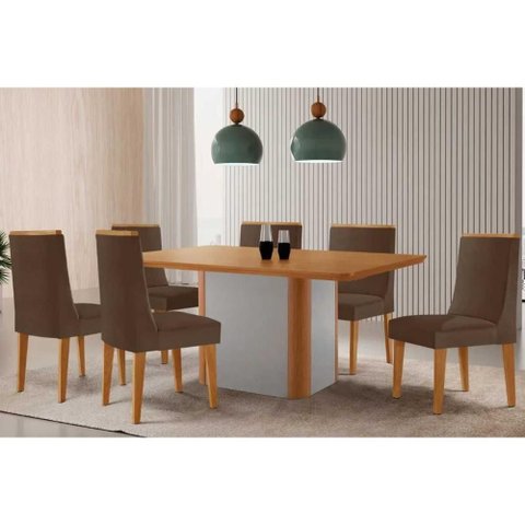 Conjunto: Mesa de Cozinha Pietá c/ Tampo Madeirado Canto Curvo 180x90cm e 6 Cadeiras Dakota