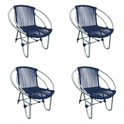 Kit 4 Cadeiras Decorativa Julia em Corda Náutica e Base em Alumínio Cinza/ Azul Marinho