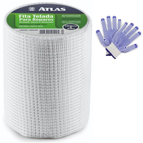 Fita Telada Auto Adesiva para Reparos 100mm X 20m Gesso Drywall Alvenaria + Luva Pigmentada | Atlas