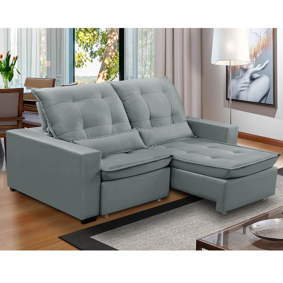 Sofa Retratil Reclinavel 2 Lugares 1,90m Atlantis Veludo Cinza Claro Lansofbr Lansof Brasil