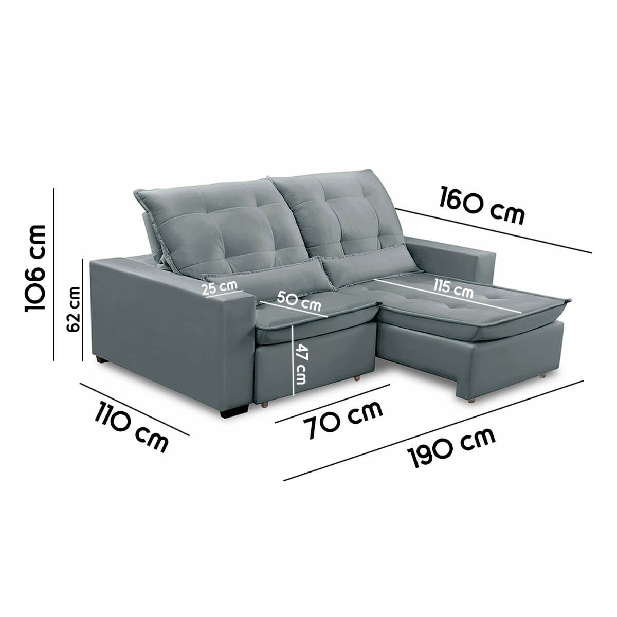 Sofa Retratil Reclinavel 2 Lugares 1,90m Atlantis Veludo Cinza Claro Lansofbr Lansof Brasil - 7