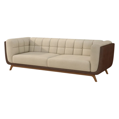 Sofá 3 Lugares 240cm Retrô Pés de Madeira Luxo Premium Estofado em Linho e Corino Sala Recepção Hall
