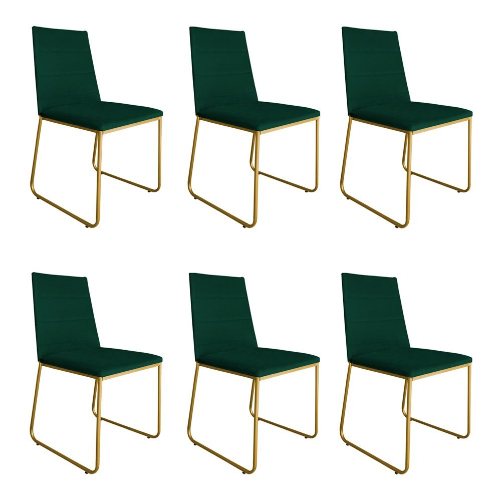 Kit 6 Cadeiras de Jantar Estofada Lille Base Gold Veludo Verde - Montanaris Decor - 1