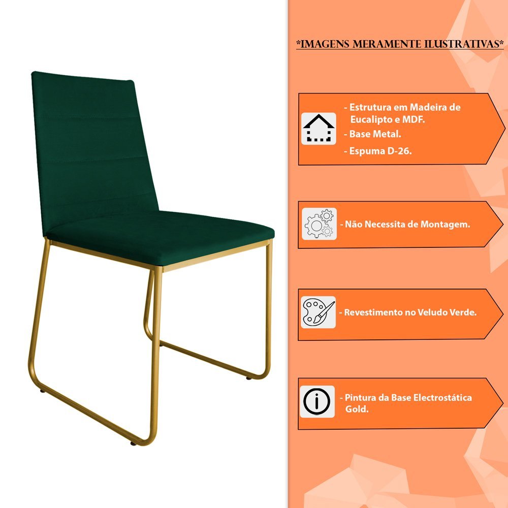 Kit 6 Cadeiras de Jantar Estofada Lille Base Gold Veludo Verde - Montanaris Decor - 6