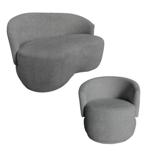 Kit Namoradeira + Poltrona Decorativa Beatriz Orgânica Linho Cinza
