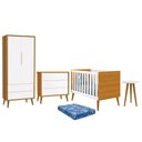 Ver imagem 1 de Dormitório Infantil Theo Retrô 2 Portas, Cômoda, Berço, Mesa de Apoio Branco/Savana com Pés