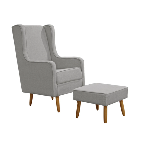 Poltrona de Amamentação c/ Puff Pés Palito Linho Cinza - Lahome Decor Aquila