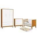 Ver imagem 1 de Dormitório Infantil Classic 3 Portas, Cômoda, Berço Branco/Savana com Pés Amadeirado e Colchão