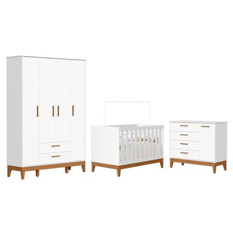 Dormitório Infantil Flip Guarda Roupa 4 Portas, Cômoda 1 Porta e Berço Branco Fosco - Reller Mó