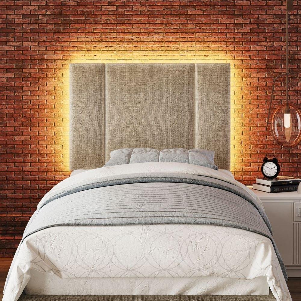 Cabeceira Estofada Iluminação Led Cama Box Solteiro 90 Cm Cor:linho Bege - 2