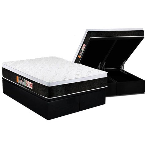 Cama Box Baú King: Colchão Espuma Castor D45 Black e White Air Euro Pillow + Base CRC Suede Black(