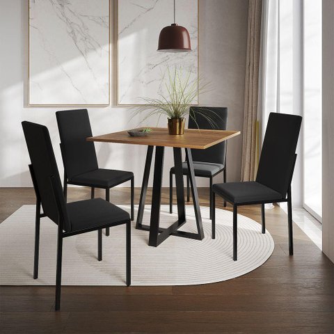 Conjunto de Jantar Mesa Mônaco Premium 90cm Imbuia com 4 Cadeiras Estofadas Pretas - Cor: Preto