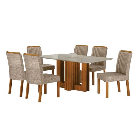 Conjunto Sala de Jantar Sofia 1,60m Tampo Vidro Off com 6 Cadeiras Jade Cinamomo/Linho Palha